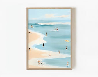 Beach Scene Watercolor Art Print, Coastal Surfers