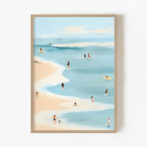 Impressão artística em aquarela de cena de praia, surfistas costeiros