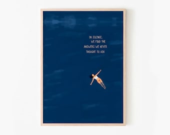 Swimming Pool Art Print | Retro Poolside Poster | Tiny Figures Minimalist Blue Wall Art | Beach House Bathroom Decor Digital Download