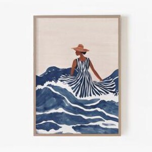 Coastal Woman Wall Art Printable, Nautical Fashion Illustration, Ocean-Inspired Digital Download, Chic Summer Home Decor, Modern Poster