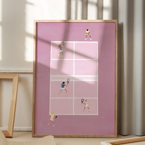 Art mural tennis, illustration de sport rose, décoration murale minimaliste, affiche de tennis, art petites personnes, art mural tennis vintage