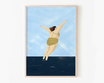Cute summer print, Swimming Pool art, Female diving Print, Minimalist Wall Art, Dorm decor, Blue Art Print, blue wall art, white lotus print