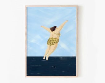 May include: A woman in a yellow and black patterned swimsuit jumps into a body of water. The water is dark blue and the sky is light blue.