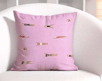 Pink Swimmers Throw Pillow, Minimalist Coastal Decor, Beach House Accent, Summer Pool Cushion, Gift for Swimmers, Modern Pastel Pillow