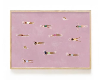 Pink Swimming Pool Art Print, Summer Swimmers Poster, Beach House Decor
