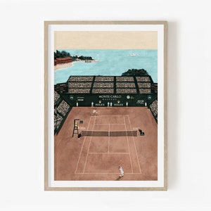 May include: A colorful illustration of a tennis court with a green and white sign that reads "Monte-Carlo Masters" and "Rolex" in white. The court is surrounded by a crowd of people in the stands. The court is set against a backdrop of a blue ocean and a distant coastline.