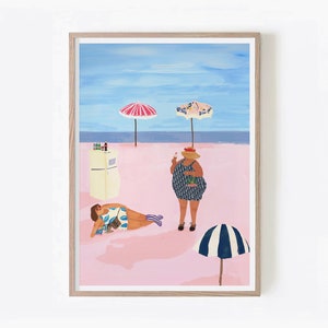 Whimsical Summer Beach wall art | Quirky Chubby Women Illustration | Colorful Wall Art Decor | Playful Coastal Scene | Fashionable art