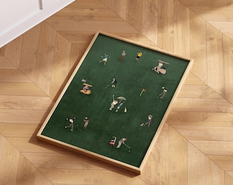 Op de afbeelding: Een ingelijste rechthoekige print met een donkergroene achtergrond en kleine, geïllustreerde figuren van mensen die golfen, waaronder individuen die clubs zwaaien, met golftassen lopen en in kleine golfkarretjes over het veld rijden.