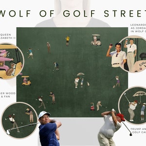 May include: A green golf course with various golfers, including Queen Elizabeth II, Tiger Woods, and Donald Trump. The text "WOLF OF GOLF STREET" is at the top of the image. The image is a humorous take on the movie "Wolf of Wall Street".