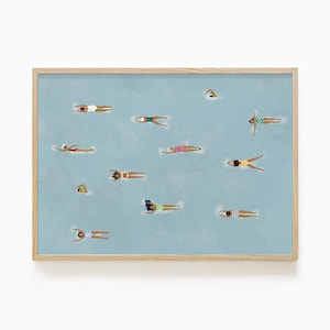 Arte de natación con gente pequeña / Impresión de piscina azul / Decoración de pared minimalista de verano / Póster de playa de Bondi / Arte de piscina para el hogar