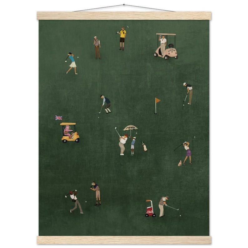 Retro Tiny Golfers Art Print | Minimalist Golf Dad Gift Oak