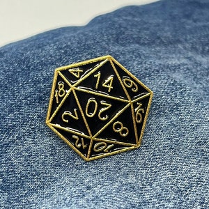 Gold D20 Enamel Pin, TTRPG Dungeons & Dragons Tabletop Gaming Brooch, Shoe Bag Clothing Collectable Pin, Role Playing Game Pi