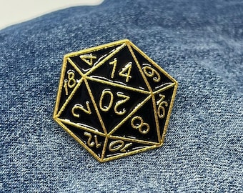 Gold D20 Enamel Pin, TTRPG Dungeons & Dragons Tabletop Gaming Brooch, Shoe Bag Clothing Collectable Pin, Role Playing Game Pi