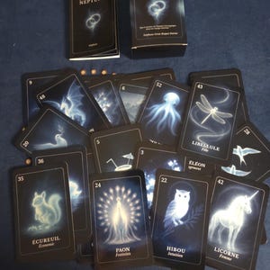 Peut inclure: Un jeu de cartes oracle avec une boîte noire et un livret. Les cartes présentent des illustrations d'animaux et de créatures mythiques en blanc et bleu. La boîte et le livret portent l'inscription "L'ORACLE DE NEPTUNE".