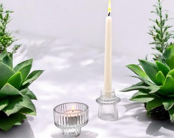 Elegant Glass Candle Holder Set – Ribbed Tea Light & Pillar Pair