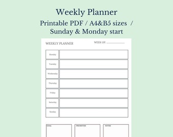 Minimalist Weekly Printable Program Planner, A4 and B5 sizes, Monday and Sunday Start, PDF download