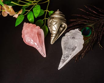 Rose Quartz Conch Shell | Clear Crystal conch ,Shankh | Pyrite Carved Shell | Gemstone Conch for Spiritual Decor | Healing Gift