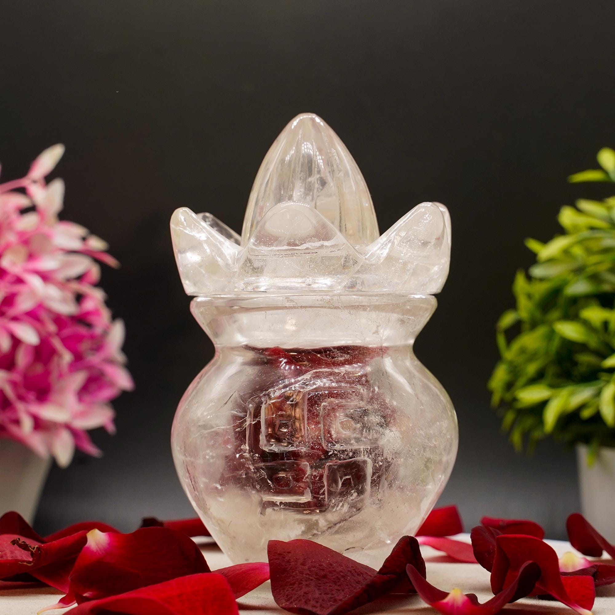 Crystal Kalash with Intricate Swastik Design Carved Crystal Kalash Pooja Rituals Mother's day gifts for her|Crystal Bottle Holy Water Kalas
