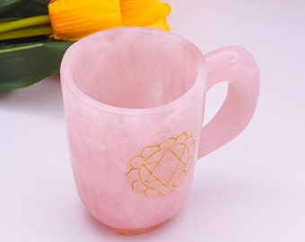 Rose quartz Coffee Mug with Heart Chakra Golden Engraving Gemstone Mugs Crystal coffee Mug crystal teacup Chakras Mug variation
