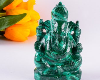 Malachite Ganesha Statue, Handmade Gemstone Carving, Hindu God Idol, Spiritual Home Decor