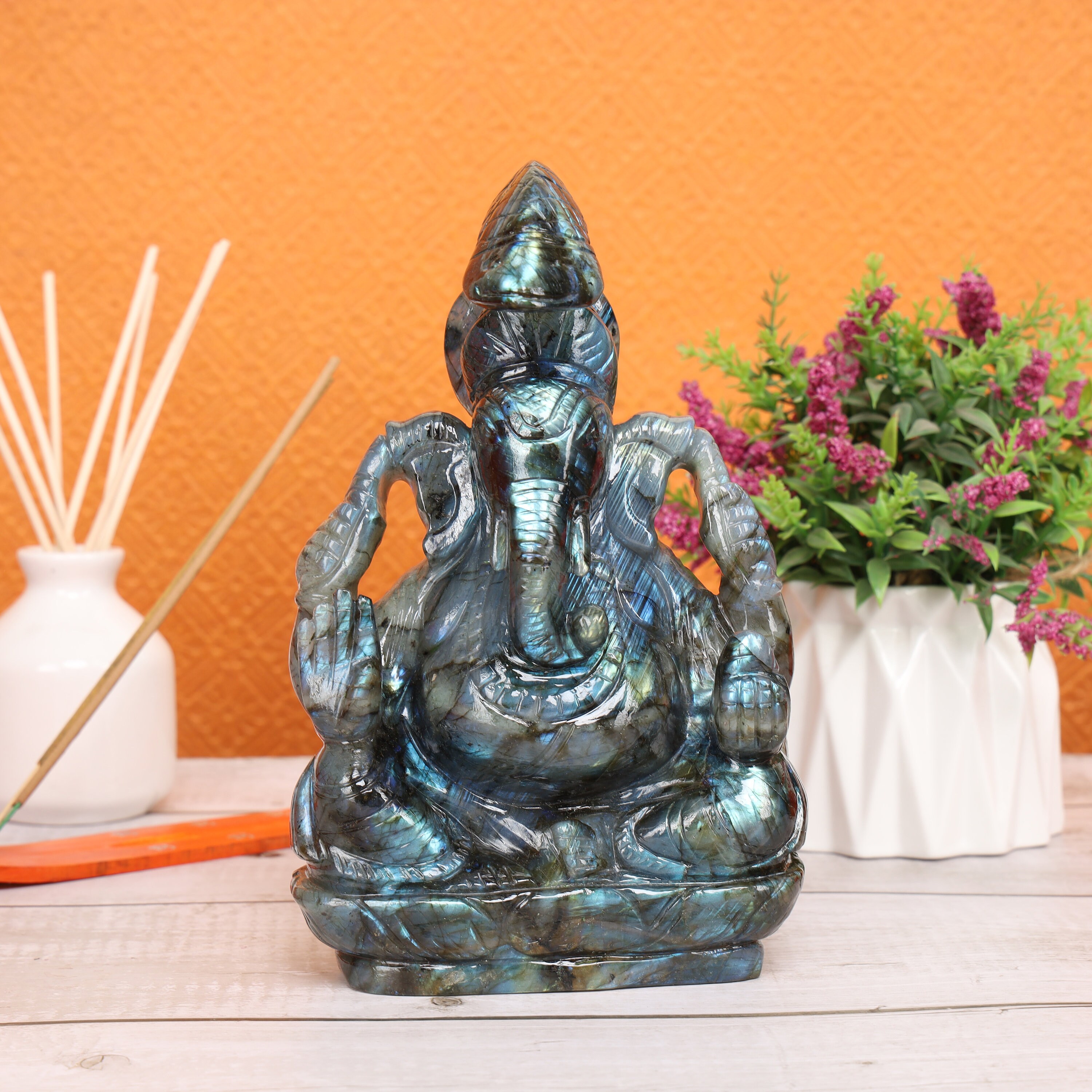 8 Inch Crystal Carved Labradorite Large Ganesha Statue for Home Decor