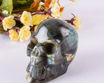 Tête de mort en cristal de Labradorite sculptée, cadeaux en cristal de guérison, labradorite, tête de mort en pierre sculptée, tête de mort, cadeau de décoration intérieure
