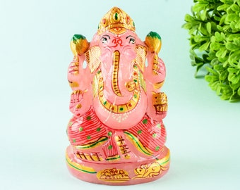 Cristal de Ganesa - Statue de Ganesh sculptée en cristal de pierre gemme de Ganesa rose de quartz - Cadeaux de fête des mères de sculpture de Ganesa peinte en or de quartz rose