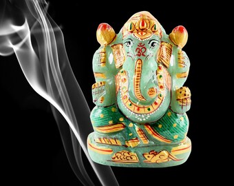 Statua di Ganesha in avventurina verde, idolo indù dipinto d'oro, scultura fatta a mano da 8,9 cm, regalo per la festa del papà.