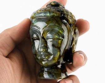 Labradorite Buddha head 3&quot; Crystal Buddha Head Labradorite Carving Buddha Statue, stone Carved Buddha head Mothers day gifts For Her