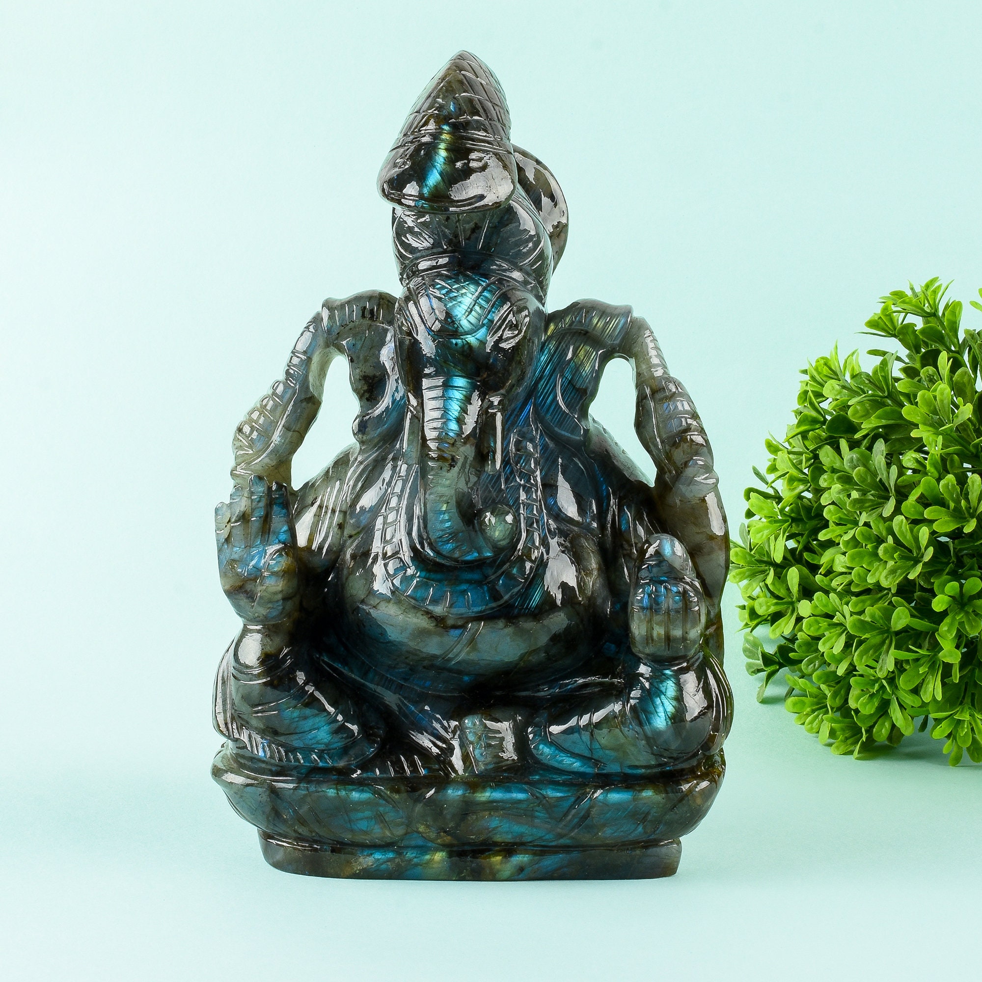 8 Inch Crystal Carved Labradorite Large Ganesha Statue for Home Decor