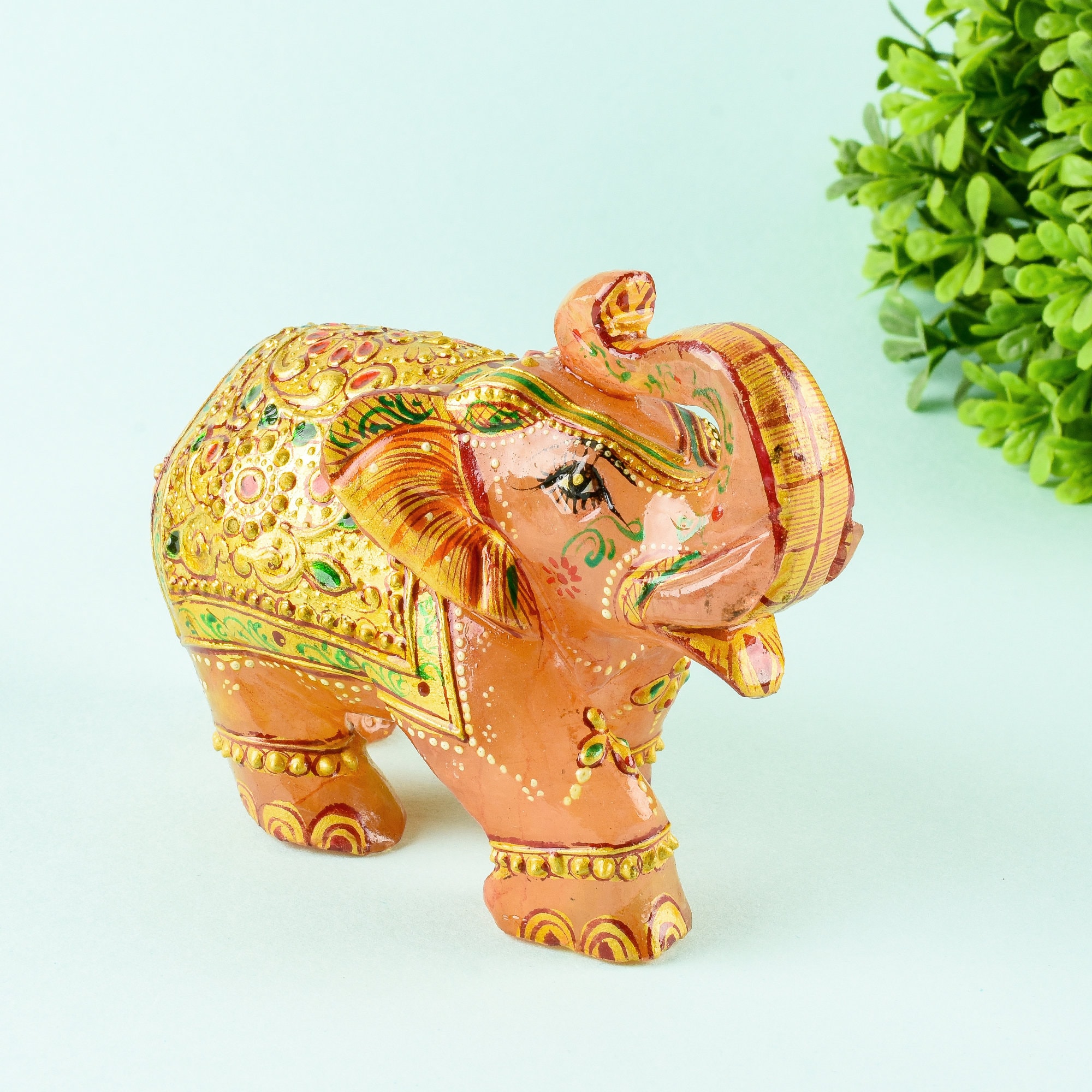 Rose Quartz Elephant Figurine: Gold Painted, Handmade Carving, Fathers Day Gift