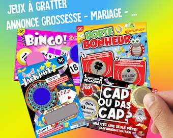 Original pregnancy announcement, wedding announcement, game ticket, scratch card, request for witness, godfather, godmother, surprise gift, travel
