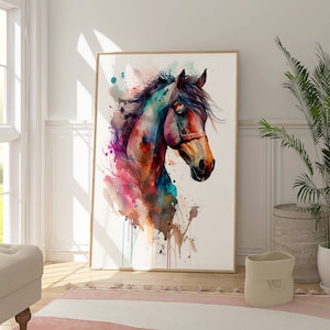 farbenfrohes Bild eines Pferd ,Wasserfarben Wanddekor, buntes Kunstwerk,digitaler Druck,Ledondo,gerahmtes Poster,grosses Aquarell
