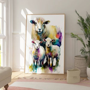 farbenfrohes Bild eines Schafs,Wasserfarben Wanddekor, buntes Kunstwerk,digitaler Druck,Ledondo,gerahmtes Poster,grosses Aquarell