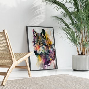 farbenfrohes Bild eines Wolf,Wasserfarben Wanddekor, buntes Kunstwerk,digitaler Druck,Ledondo,gerahmtes Poster,grosses Aquarell