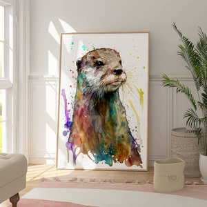 imagen colorida de una nutria, decoración de pared de acuarela, obras de arte coloridas, impresión digital, Ledondo, cartel enmarcado, acuarela grande