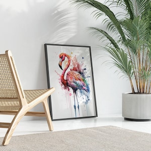 farbenfrohes Bild eines Flamingo ,Wasserfarben Wanddekor, buntes Kunstwerk,digitaler Druck,Ledondo,gerahmtes Poster,grosses Aquarell