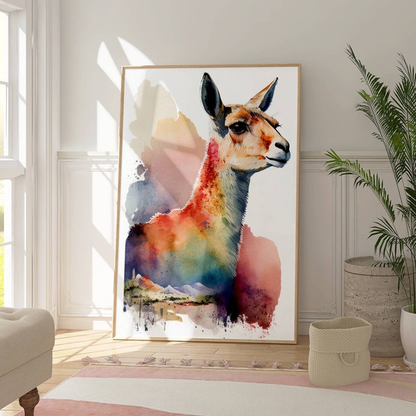 farbenfrohes Bild eines Alpaka,Wasserfarben Wanddekor, buntes Kunstwerk,digitaler Druck,Ledondo,gerahmtes Poster,grosses Aquarell