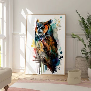 farbenfrohes Bild einer Eule,Wasserfarben Wanddekor, buntes Kunstwerk,digitaler Druck,Ledondo,gerahmtes Poster,grosses Aquarell