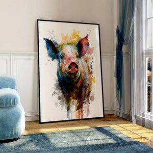 farbenfrohes Bild eines Schwein,Wasserfarben Wanddekor, buntes Kunstwerk,digitaler Druck,Ledondo,gerahmtes Poster,grosses Aquarell