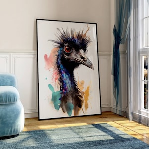 farbenfrohes Bild eines Emu,Wasserfarben Wanddekor, buntes Kunstwerk,digitaler Druck,Ledondo,gerahmtes Poster,grosses Aquarell