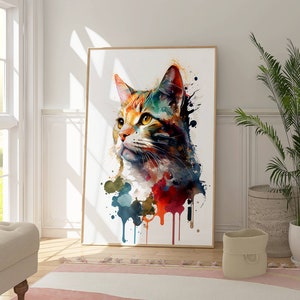 farbenfrohes Bild einer Katze,Wasserfarben Wanddekor, buntes Kunstwerk,digitaler Druck,Ledondo,gerahmtes Poster,grosses Aquarell
