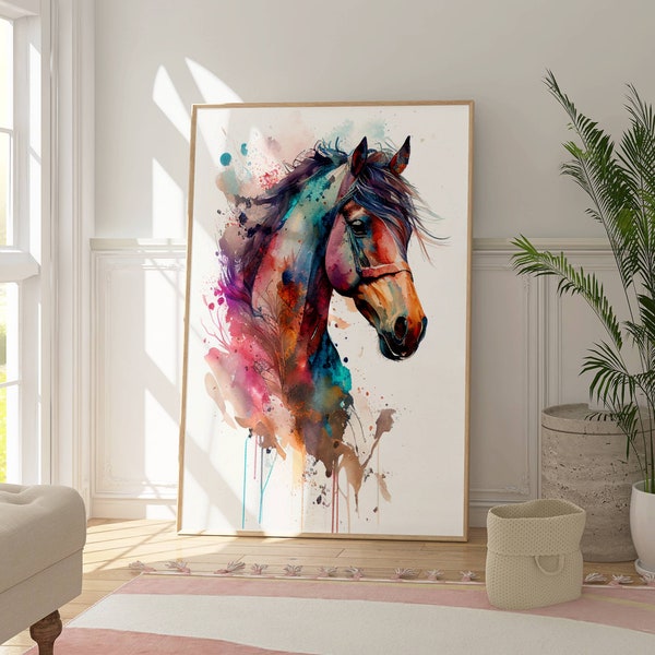 DL| colorful picture of a horse, watercolor wall decor, colorful artwork, digital print, Ledondo, framed poster, large watercolor