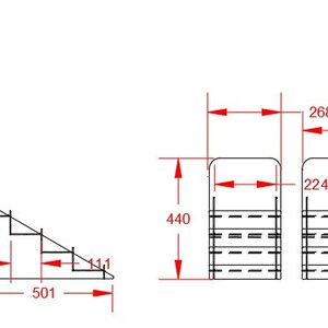 May include: Diagram of a tiered display stand with measurements in inches. The stand is 296 inches wide, 501 inches long, and 440 inches tall. The top tier is 268 inches wide and 487 inches long. The bottom tier is 224 inches wide and 487 inches long.