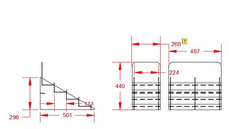 May include: Diagram of a tiered display stand with measurements in inches. The stand is 296 inches wide, 501 inches long, and 440 inches tall. The top tier is 268 inches wide and 487 inches long. The bottom tier is 224 inches wide and 487 inches long.