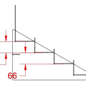 May include: A black and white line drawing of a set of stairs with five steps. Each step is 66 inches wide. The stairs are angled at a 45-degree angle.