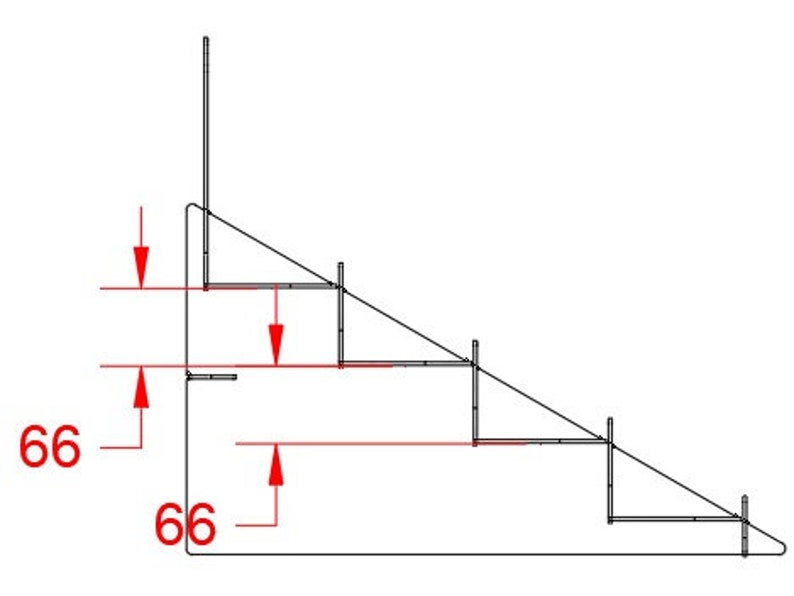 May include: A black and white line drawing of a set of stairs with five steps. Each step is 66 inches wide. The stairs are angled at a 45-degree angle.