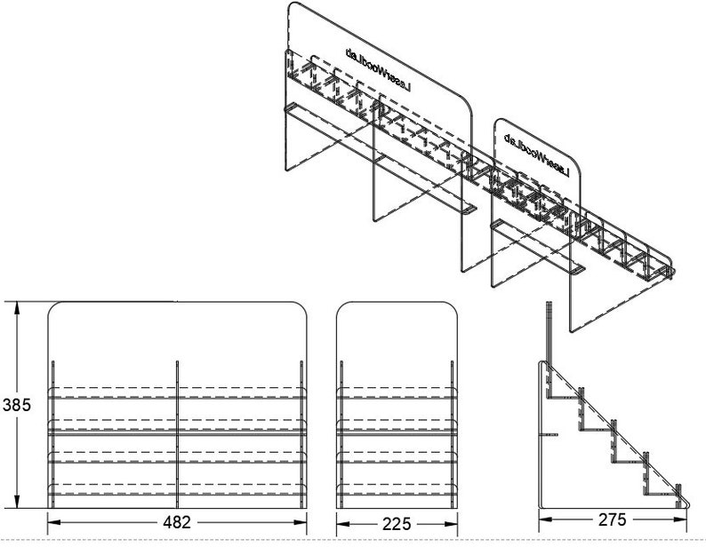 May include: A black and white line drawing of a display stand with five shelves. The stand is 482 mm wide, 385 mm tall, and 225 mm deep. The stand is designed to hold small items, such as jewellery or cosmetics.