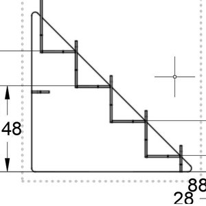 May include: A black metal shelf unit with four shelves. The shelf unit is 208 inches tall, 148 inches wide, and 88 inches deep. The shelves are spaced 28 inches apart.