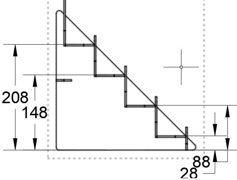 May include: A black metal shelf unit with four shelves. The shelf unit is 208 inches tall, 148 inches wide, and 88 inches deep. The shelves are spaced 28 inches apart.